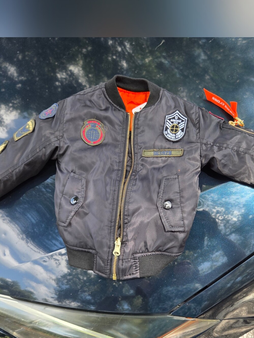 Black Bomber Jacket w/Orange Lining & Patch Details - No Size Tag, Use Measrmts